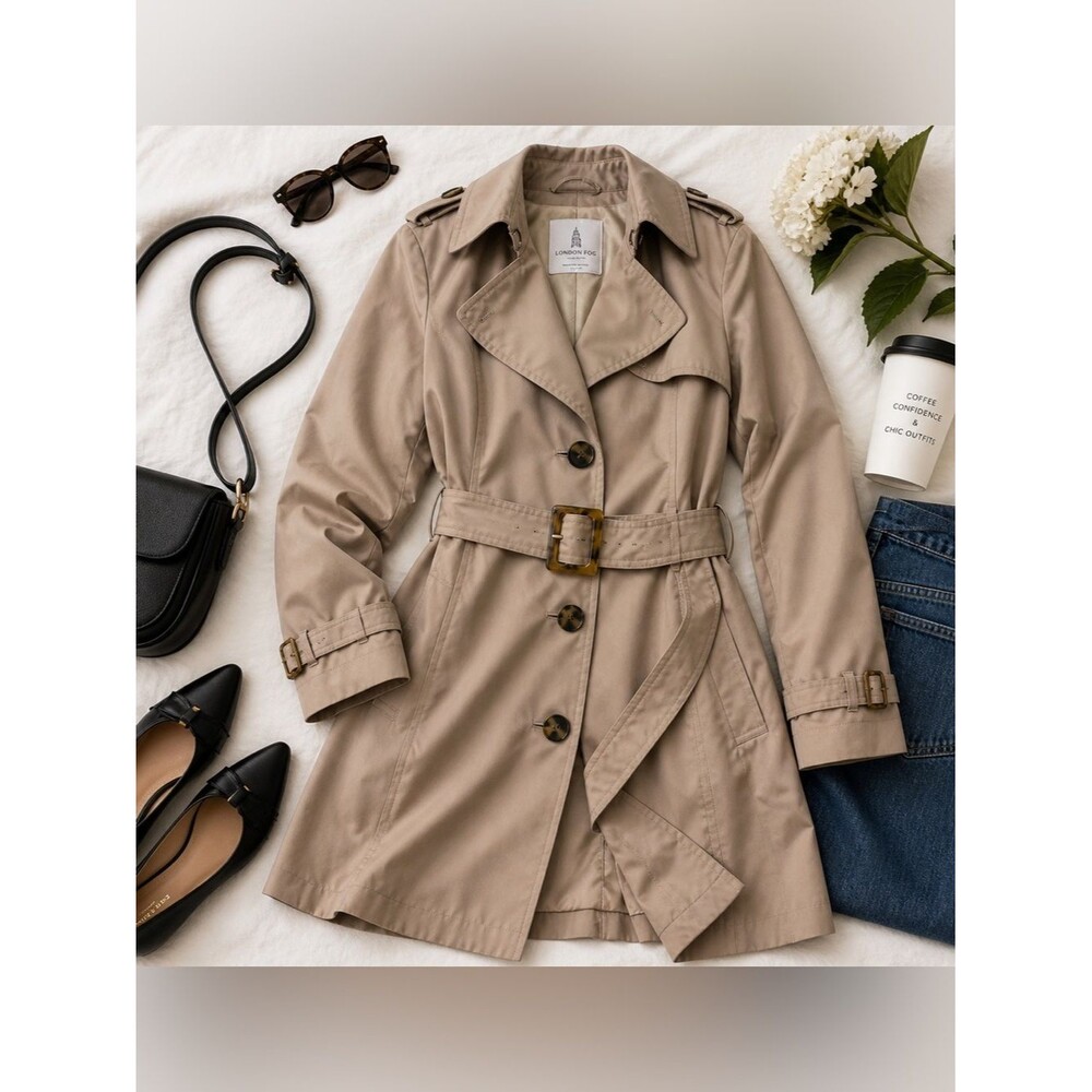 London Fog Belted Trench Coat Taupe Water Resistant Classic Elevated Small NWOT - Picture 4 of 13